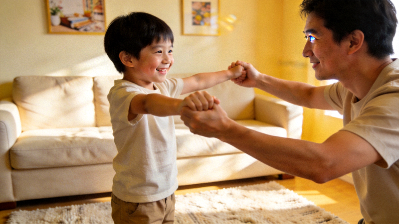 家长与孩子在家中客厅一起进行亲子健身游戏的场景