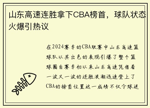 山东高速连胜拿下CBA榜首，球队状态火爆引热议