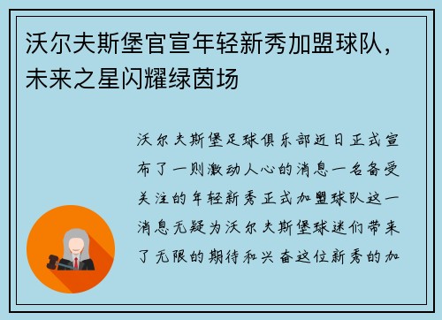沃尔夫斯堡官宣年轻新秀加盟球队，未来之星闪耀绿茵场